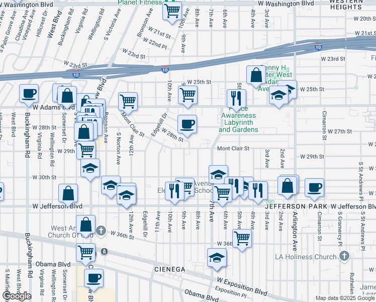 map of restaurants, bars, coffee shops, grocery stores, and more near 3820 Mont Clair Street in Los Angeles