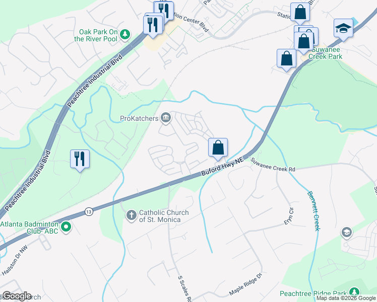map of restaurants, bars, coffee shops, grocery stores, and more near 3630 Baxley Ridge Drive in Suwanee