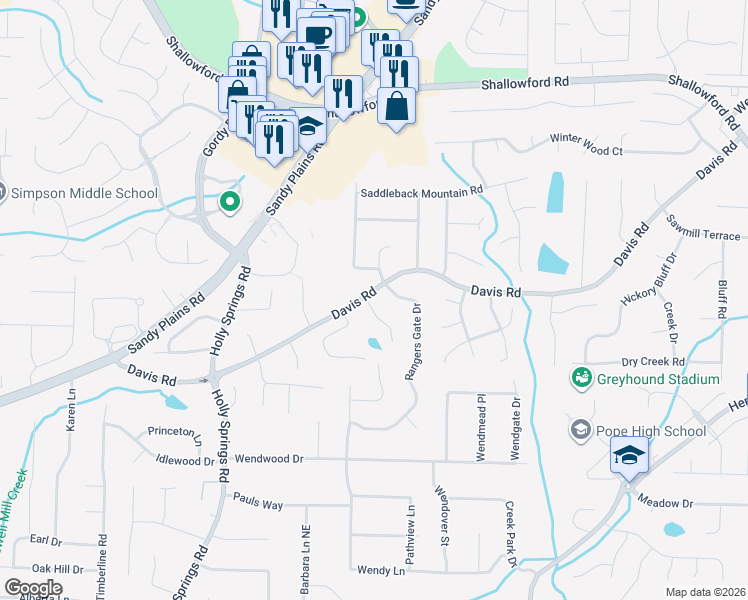 map of restaurants, bars, coffee shops, grocery stores, and more near 3094 Aberdeen Court in Marietta