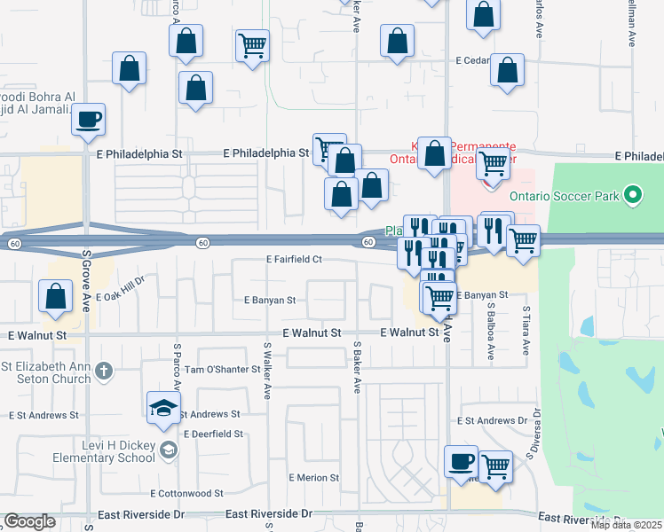 map of restaurants, bars, coffee shops, grocery stores, and more near 1614 East Fairfield Court in Ontario