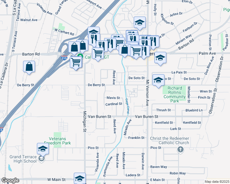 map of restaurants, bars, coffee shops, grocery stores, and more near 22285 Fulmar Place in Grand Terrace