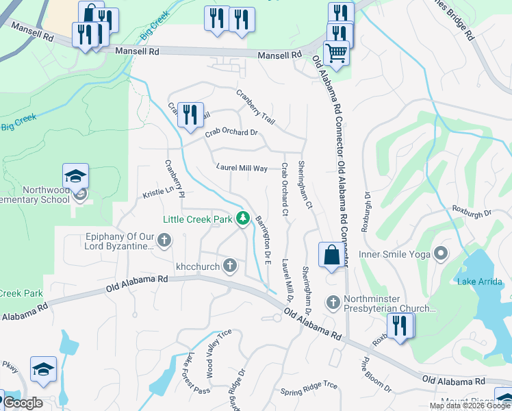 map of restaurants, bars, coffee shops, grocery stores, and more near 285 Barrington Dr E in Roswell