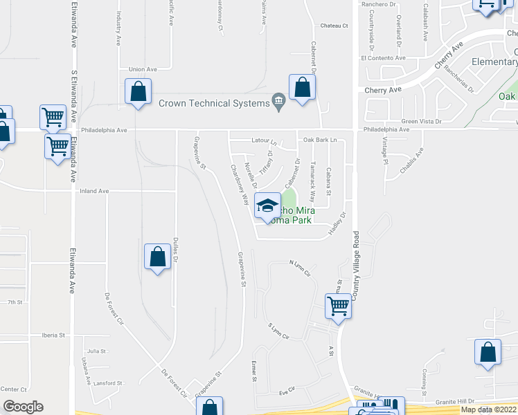 map of restaurants, bars, coffee shops, grocery stores, and more near 3227 Norelle Drive in Jurupa Valley
