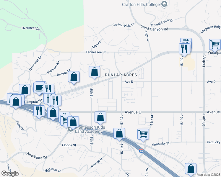 map of restaurants, bars, coffee shops, grocery stores, and more near 31816 Avenue E in Yucaipa
