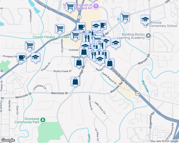 map of restaurants, bars, coffee shops, grocery stores, and more near 610 Grimes Place in Roswell