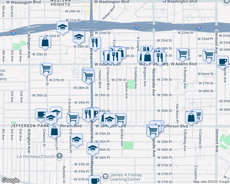 map of restaurants, bars, coffee shops, grocery stores, and more near 2817 South La Salle Avenue in Los Angeles