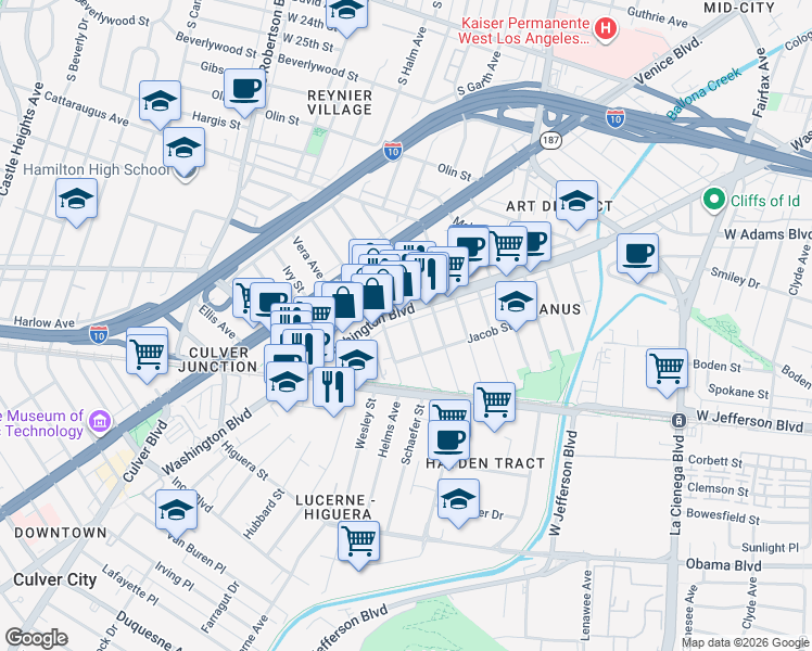 map of restaurants, bars, coffee shops, grocery stores, and more near 3331 Caroline Avenue in Culver City