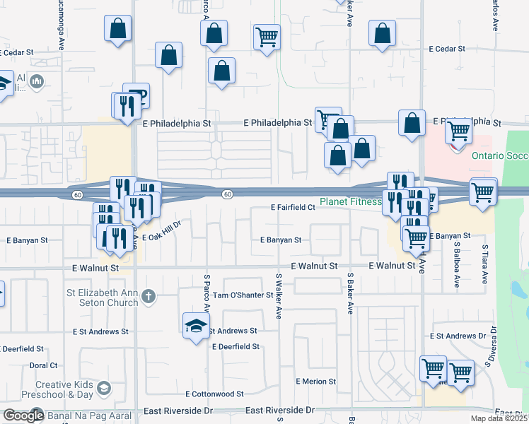 map of restaurants, bars, coffee shops, grocery stores, and more near 1478 East Fairfield Court in Ontario