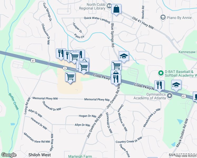 map of restaurants, bars, coffee shops, grocery stores, and more near 3091 Cobb Parkway North in Kennesaw