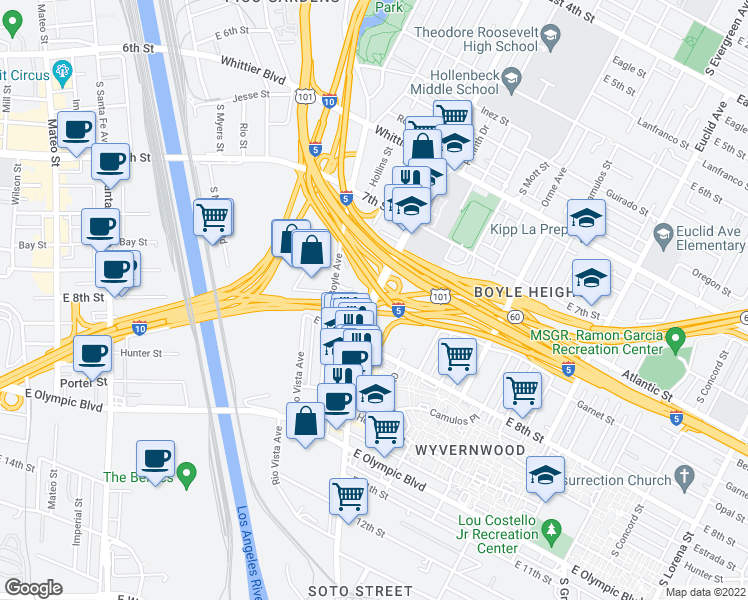 map of restaurants, bars, coffee shops, grocery stores, and more near South Soto Street in Los Angeles