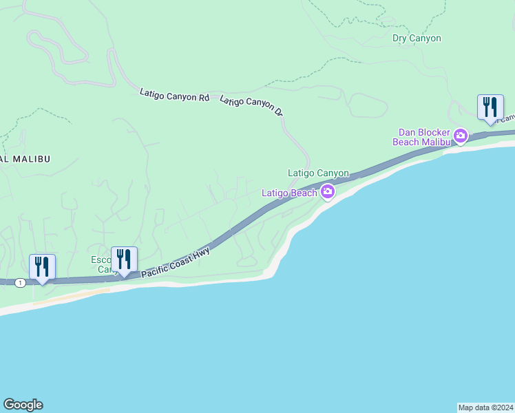 map of restaurants, bars, coffee shops, grocery stores, and more near 6320 Via Cataldo Street in Malibu