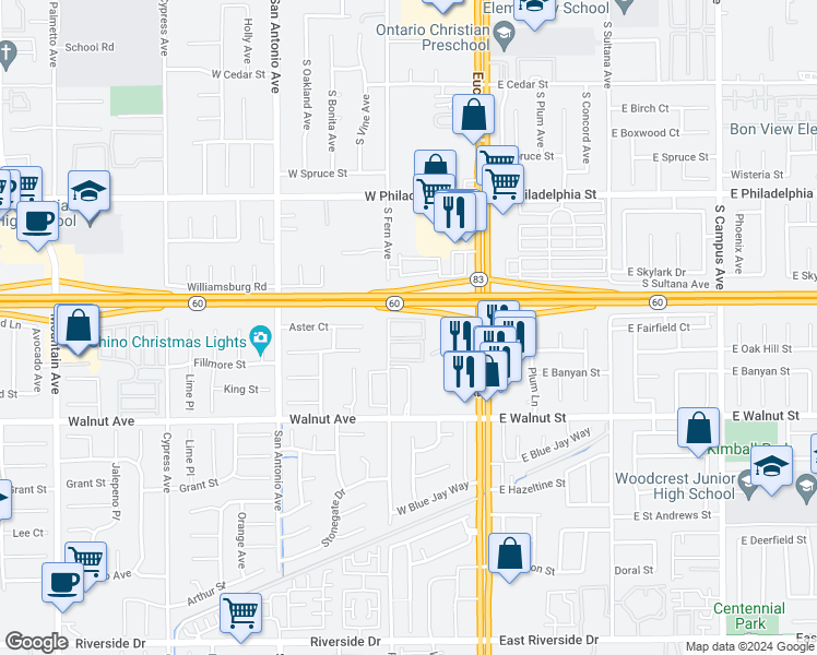 map of restaurants, bars, coffee shops, grocery stores, and more near 2455 South Fern Avenue in Ontario