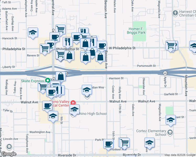 map of restaurants, bars, coffee shops, grocery stores, and more near 5620 Buckthorn Court in Chino