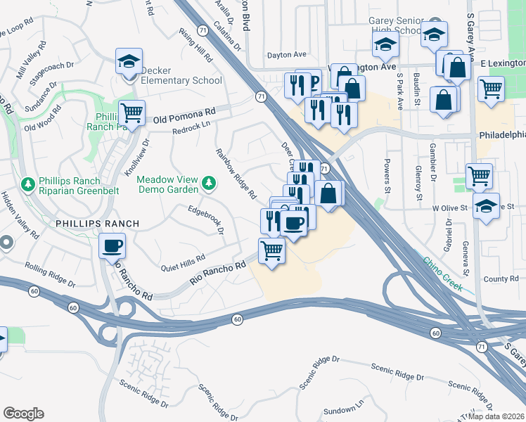 map of restaurants, bars, coffee shops, grocery stores, and more near 21 Black Oak Drive in Pomona