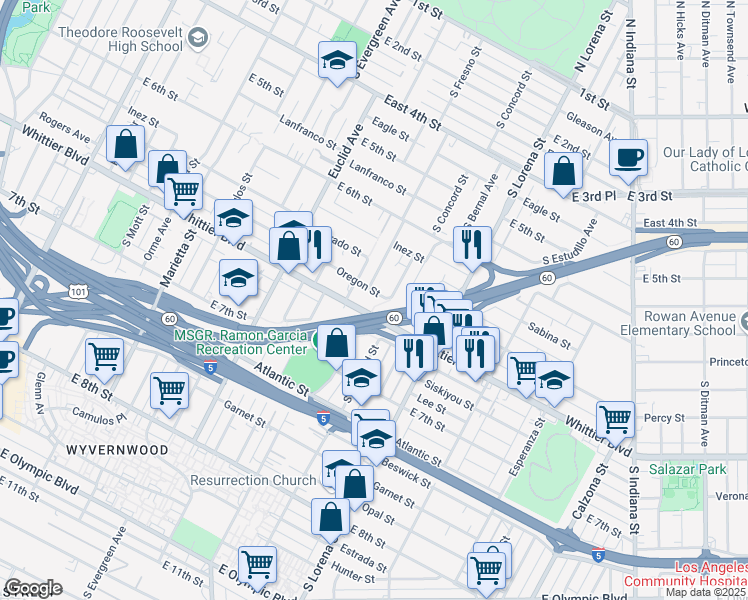 map of restaurants, bars, coffee shops, grocery stores, and more near 3331 1/2 Whittier Boulevard in Los Angeles
