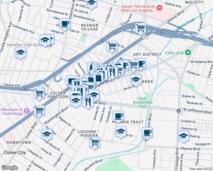 map of restaurants, bars, coffee shops, grocery stores, and more near 3331 Caroline Avenue in Culver City