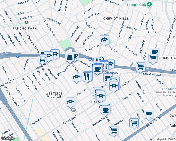 map of restaurants, bars, coffee shops, grocery stores, and more near 10480 National Boulevard in Los Angeles