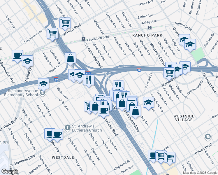 map of restaurants, bars, coffee shops, grocery stores, and more near 2901 South Sepulveda Boulevard in Los Angeles