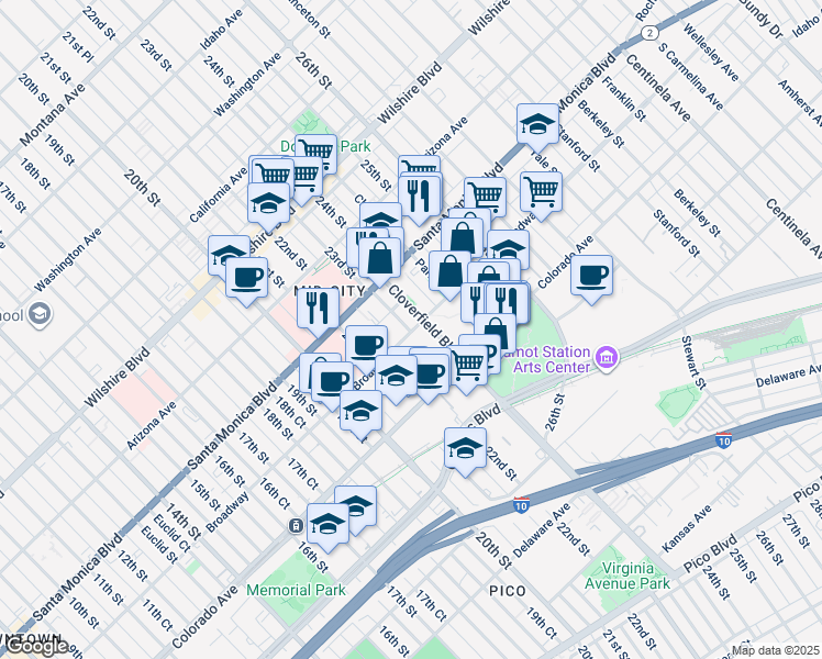 map of restaurants, bars, coffee shops, grocery stores, and more near 2218 Broadway in Santa Monica