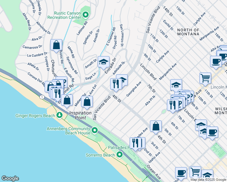 map of restaurants, bars, coffee shops, grocery stores, and more near in Santa Monica