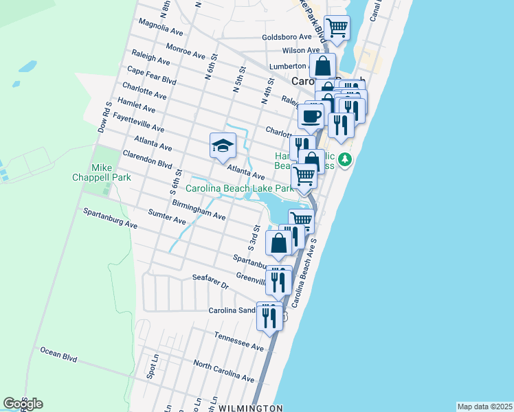 map of restaurants, bars, coffee shops, grocery stores, and more near 605 South 3rd Street in Carolina Beach