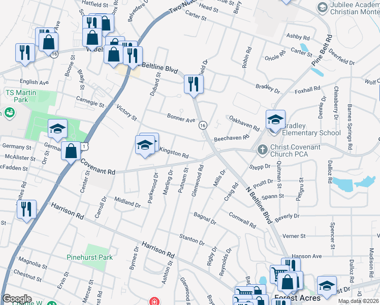 map of restaurants, bars, coffee shops, grocery stores, and more near 2734 Putnam Street in Columbia