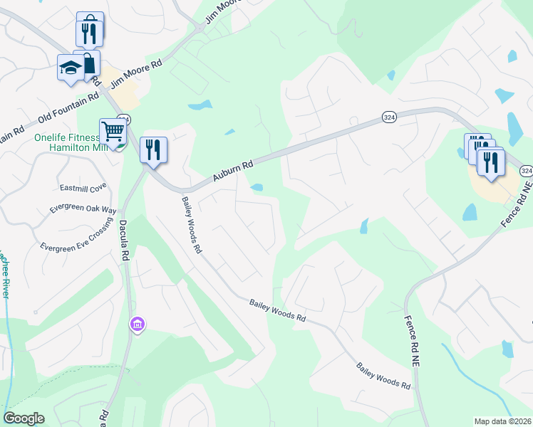 map of restaurants, bars, coffee shops, grocery stores, and more near 3517 Wimberly Cove Trace in Dacula