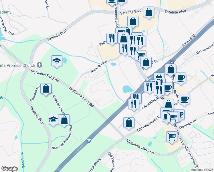 map of restaurants, bars, coffee shops, grocery stores, and more near 3390 Northcliff Drive in Suwanee
