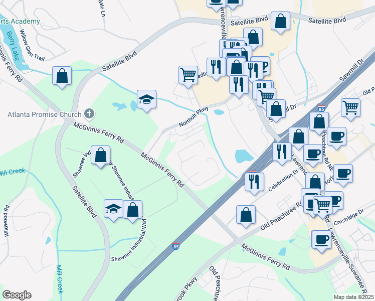 map of restaurants, bars, coffee shops, grocery stores, and more near 3235 Northcliff Drive in Suwanee