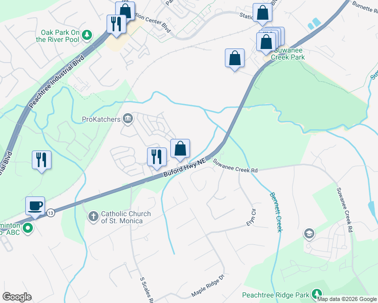 map of restaurants, bars, coffee shops, grocery stores, and more near 3619 Baxley Point Drive in Suwanee