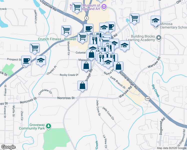 map of restaurants, bars, coffee shops, grocery stores, and more near 610 Grimes Place in Roswell