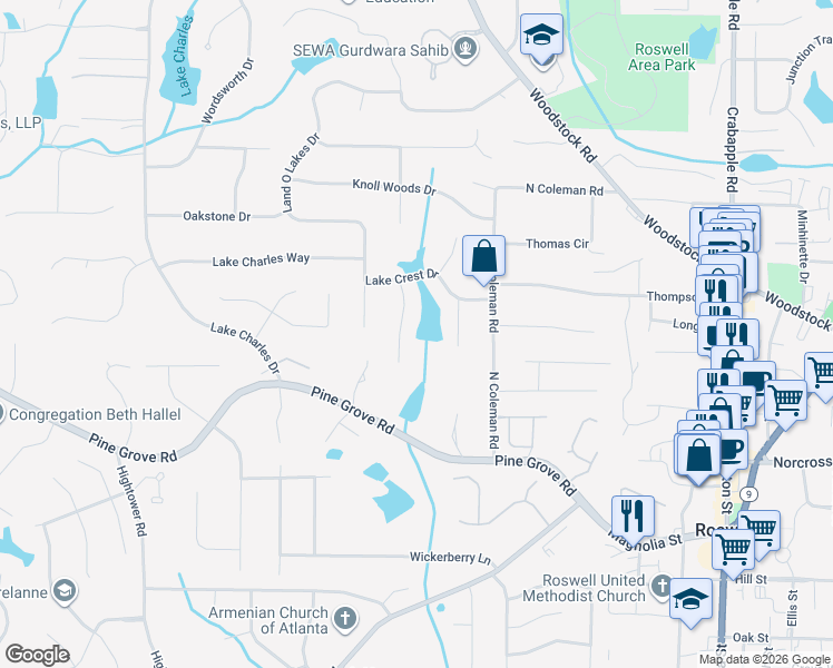 map of restaurants, bars, coffee shops, grocery stores, and more near 1115 Lake Drive in Roswell