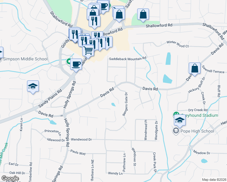 map of restaurants, bars, coffee shops, grocery stores, and more near 3094 Aberdeen Court in Marietta