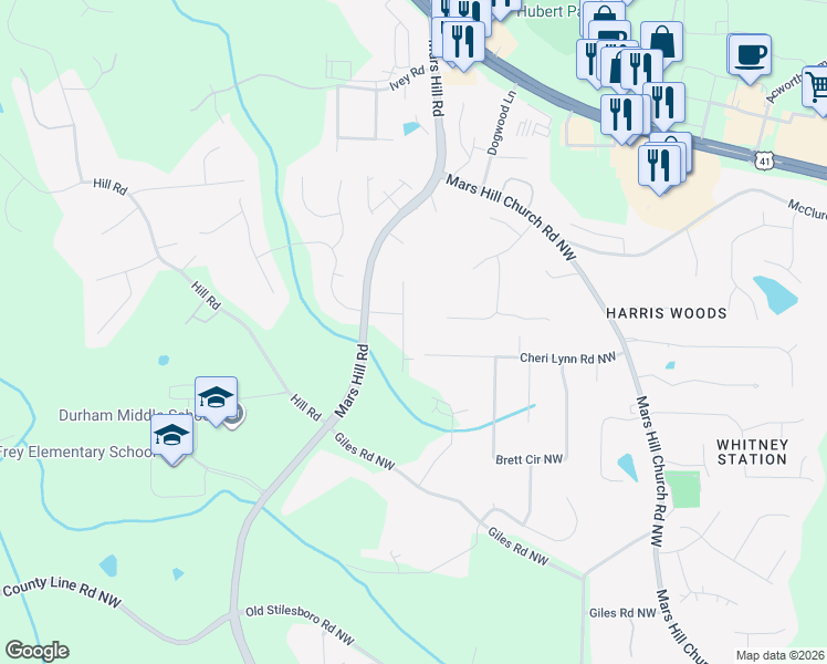 map of restaurants, bars, coffee shops, grocery stores, and more near 3030 Edgewood Drive in Acworth