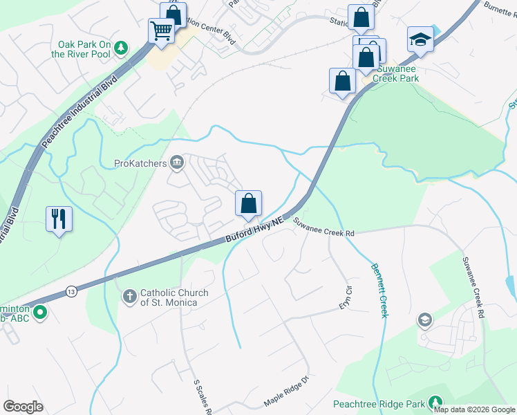 map of restaurants, bars, coffee shops, grocery stores, and more near 3619 Baxley Point Drive in Suwanee