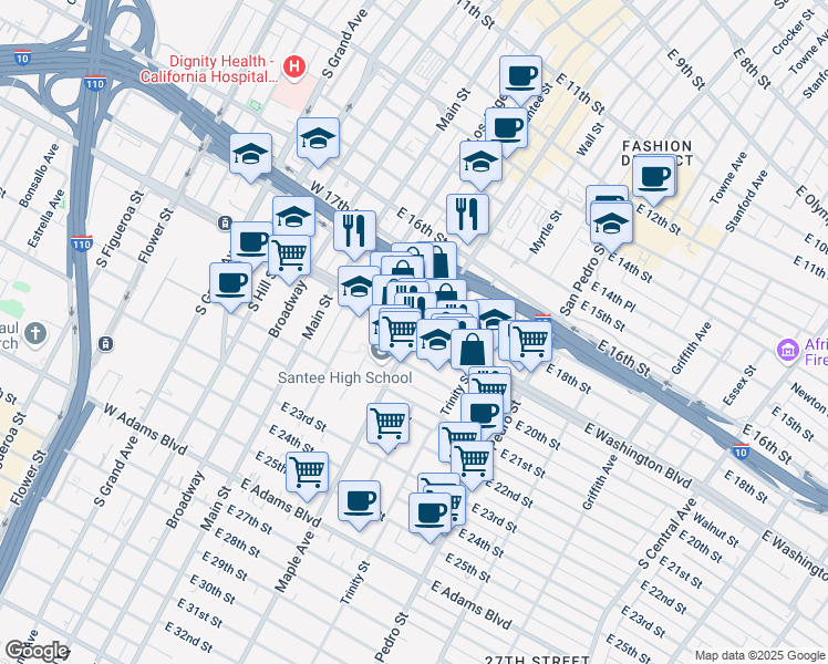map of restaurants, bars, coffee shops, grocery stores, and more near 410 East Washington Boulevard in Los Angeles