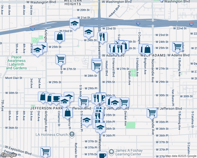 map of restaurants, bars, coffee shops, grocery stores, and more near 2815 South Western Avenue in Los Angeles