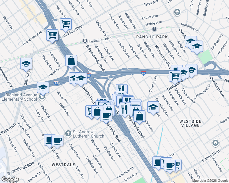 map of restaurants, bars, coffee shops, grocery stores, and more near 11210 West Sardis Avenue in Los Angeles