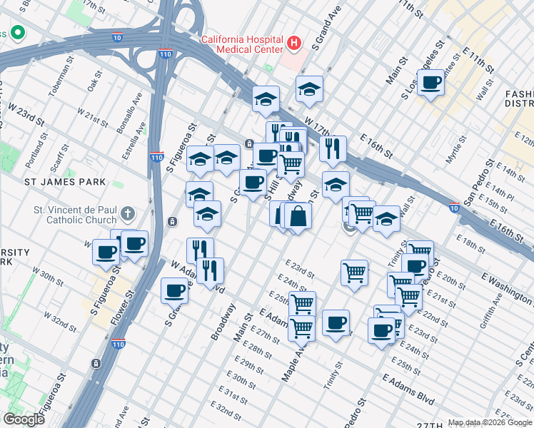 map of restaurants, bars, coffee shops, grocery stores, and more near 2121 South Broadway in Los Angeles