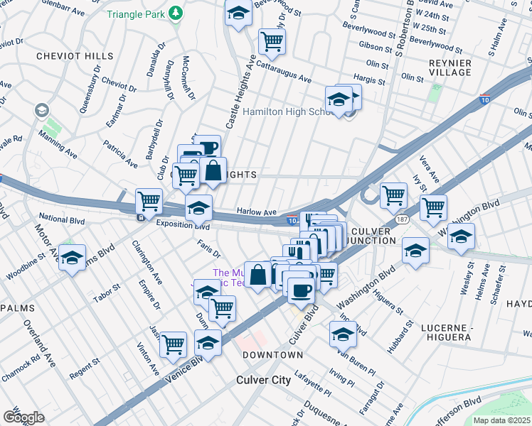 map of restaurants, bars, coffee shops, grocery stores, and more near Bagley Avenue & Harlow Avenue in Los Angeles