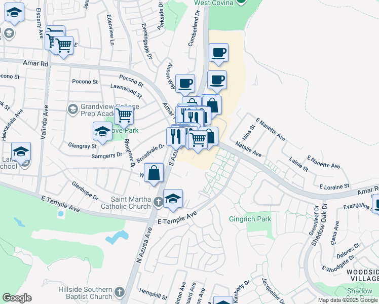 map of restaurants, bars, coffee shops, grocery stores, and more near 2548 South Azusa Avenue in West Covina