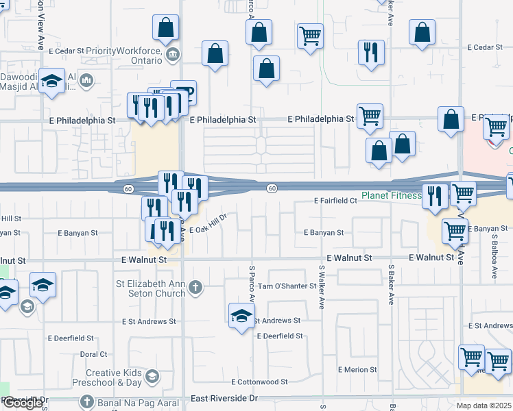 map of restaurants, bars, coffee shops, grocery stores, and more near 2413 South Parco Avenue in Ontario