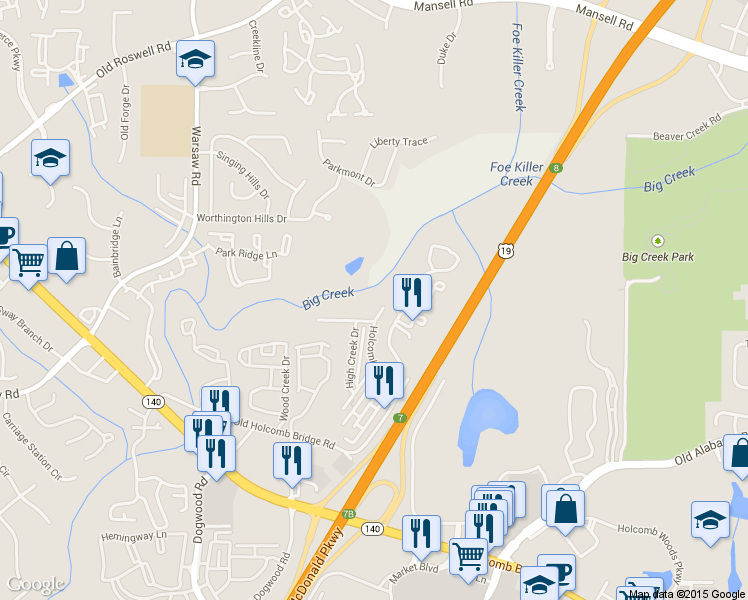 map of restaurants, bars, coffee shops, grocery stores, and more near 151 Holcomb Ferry Road in Roswell