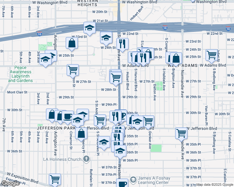map of restaurants, bars, coffee shops, grocery stores, and more near 2815 South Western Avenue in Los Angeles