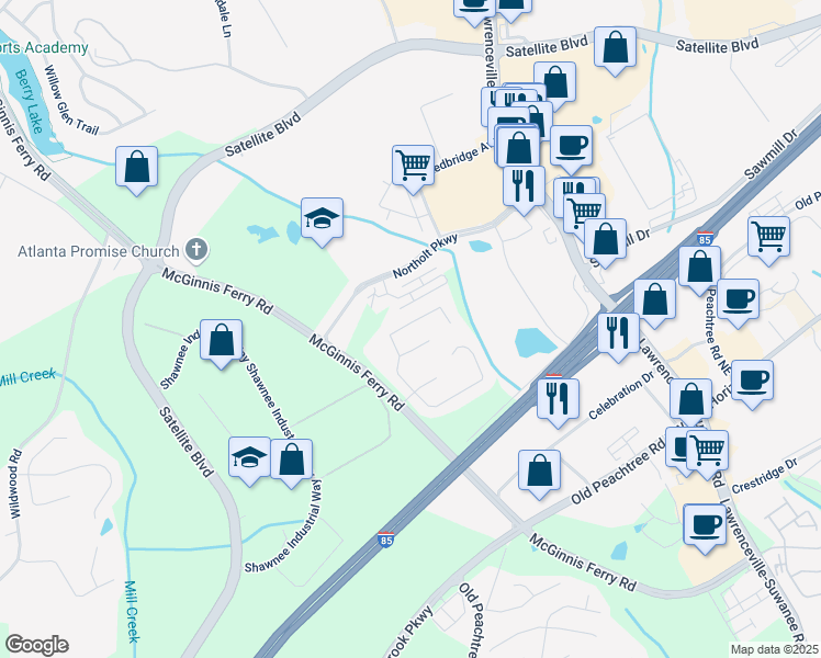 map of restaurants, bars, coffee shops, grocery stores, and more near 3235 Northcliff Drive in Suwanee