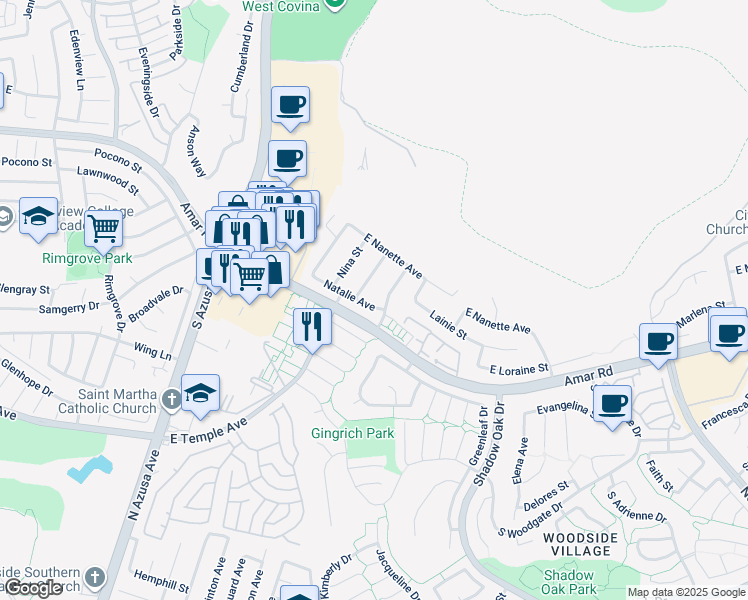 map of restaurants, bars, coffee shops, grocery stores, and more near 1727 Natalie Avenue in West Covina