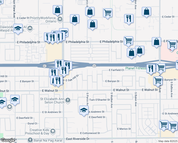 map of restaurants, bars, coffee shops, grocery stores, and more near 2413 South Parco Avenue in Ontario