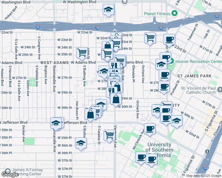 map of restaurants, bars, coffee shops, grocery stores, and more near in Los Angeles