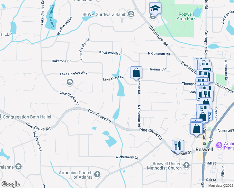 map of restaurants, bars, coffee shops, grocery stores, and more near 1115 Lake Drive in Roswell