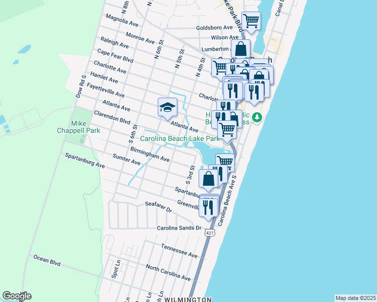 map of restaurants, bars, coffee shops, grocery stores, and more near 308 Columbia Avenue in Carolina Beach